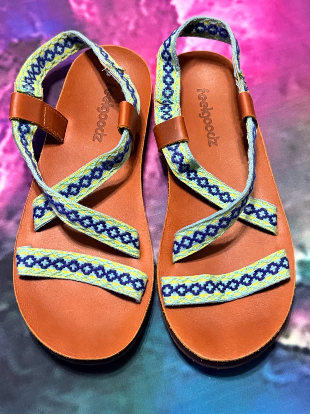 Zodiac-Inspired Brown Leather Sandals with Blue and Yellow Straps by FeelGoodz